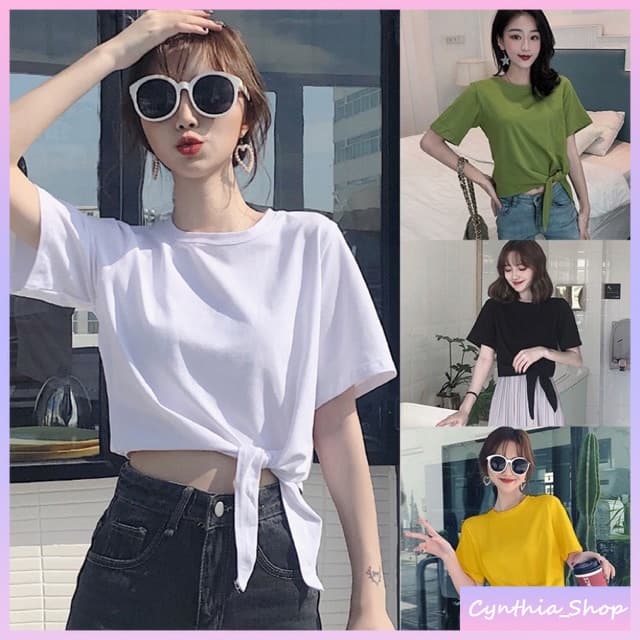 💖Cynthia💖 เสื้อยืดเอวลอยผูกโบว์ เสื้อแฟชั่นสไตล์เกาหลี 🎀 #9113