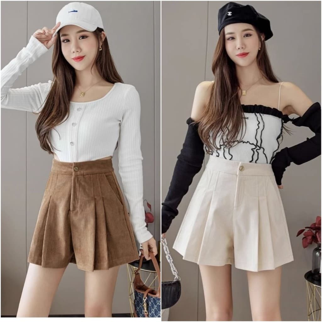 ccute พร้อมส่ง กางเกงลูกฟูก เอวสูง แฟชั่นสไตล์สาวเกาหลี สุดชิค