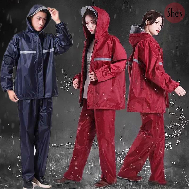 เสื้อกันฝนสําหรับผู้ใหญ่ ชุดกันฝนแบบหนา ชุดกันฝน มีแถบสะท้อนแสง มีแถบสะท้อนแสง แยกเสื้อและกางเกง รูปที่ 1