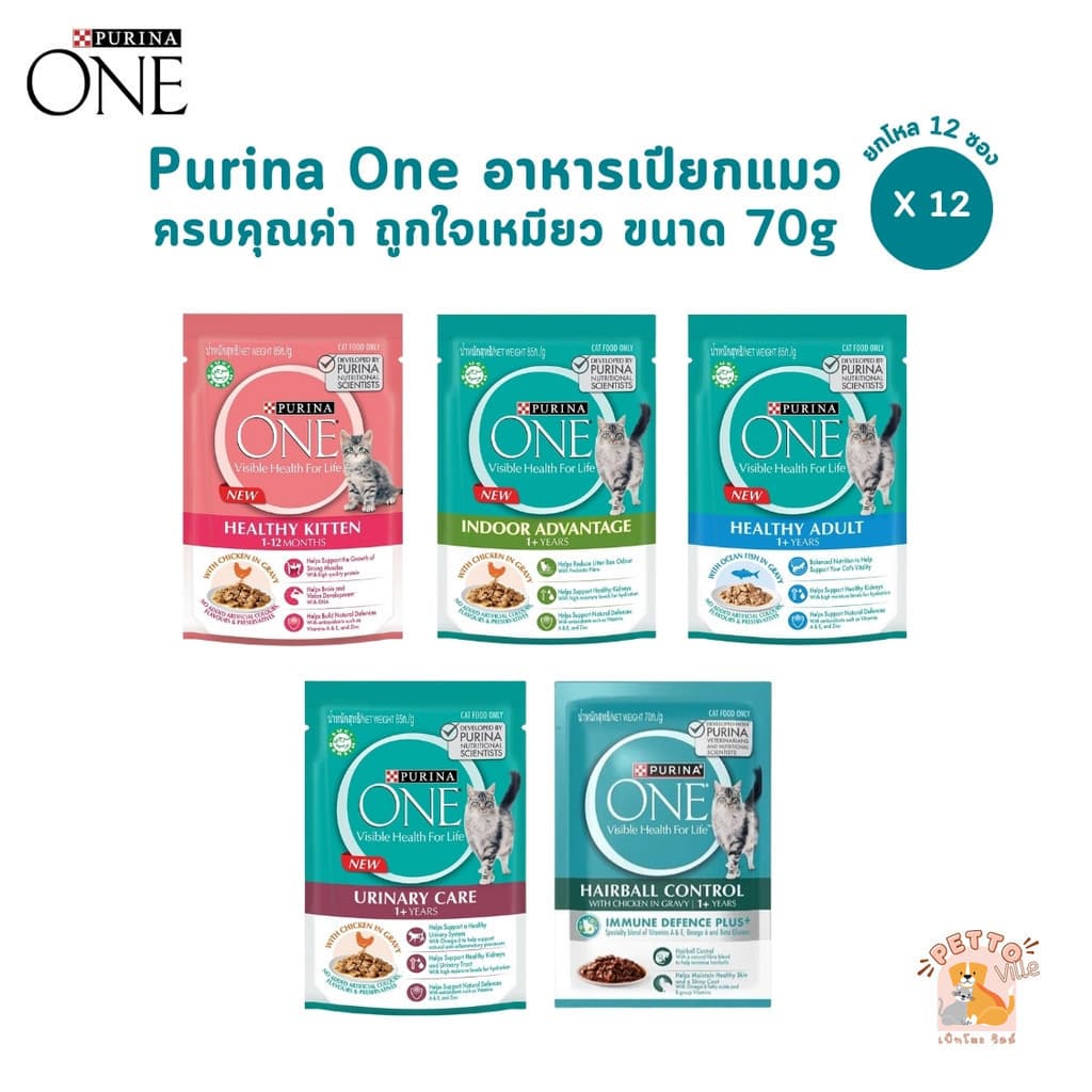 Purina ONE อาหารเปียกแมว [12 ซอง] เพียวริน่าวัน เกรดพรีเมี่ยม ในน้ําเกรวี่ ขนาด 70 กรัม