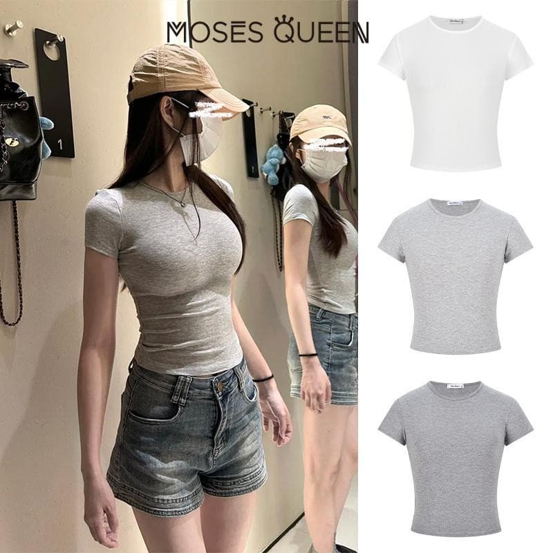 MOSESQUEEN เสื้อยืดแขนสั้นคอกลมรัดรูปแบบอเมริกันสําหรับผู้หญิงในฤดูร้อนสาวร้อนเสื้อบอททอมบางและอเนกประสงค์อารม…