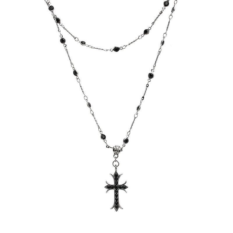 Necklacesสร้อยคอไม้กางเขน เพชรสีดําสองชั้น สร้อยแฟชั่น โชคเกอร์