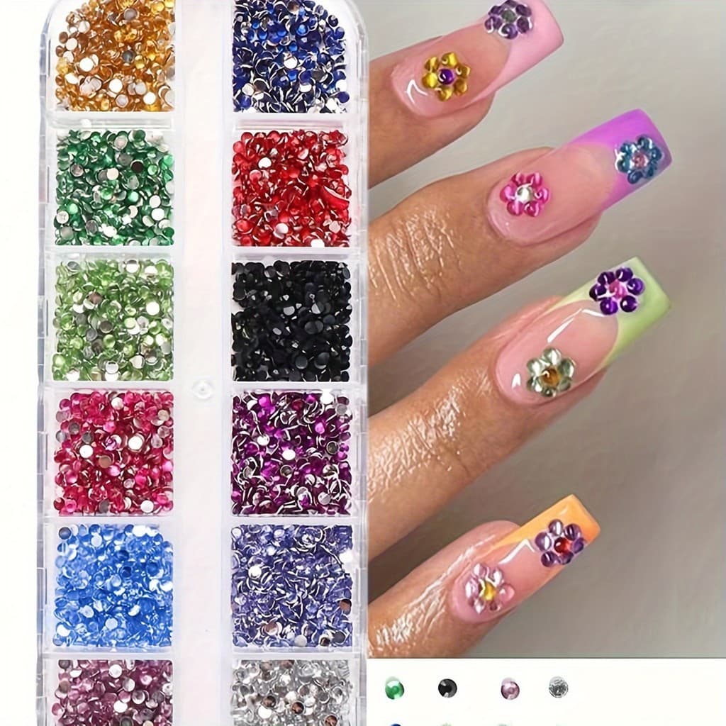 12 Grid Shimmering Crystal Nail Art Rhinestones - พลอยแบบแบนสําหรับตกแต่งอเนกประสงค์ - Adorns Nails…