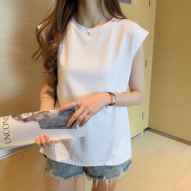 เสื้อแขนกุด สีพื้น คอกลม ทรงหลวม เสื้อกล้าม สไตล์เกาหลี ใส่ได้ทั้งผู้ชายและผู้หญิง OP2800