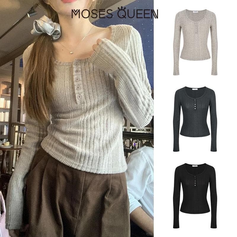 < MOSESQUEEN > เสื้อผ้าสตรีแบบเน็คพิทสตริป แขนยาว รูปแบบเซมิโอเพน ผิวสัมผัสใหม่ บางและเรียบ ด้านในชั้นล่าง…