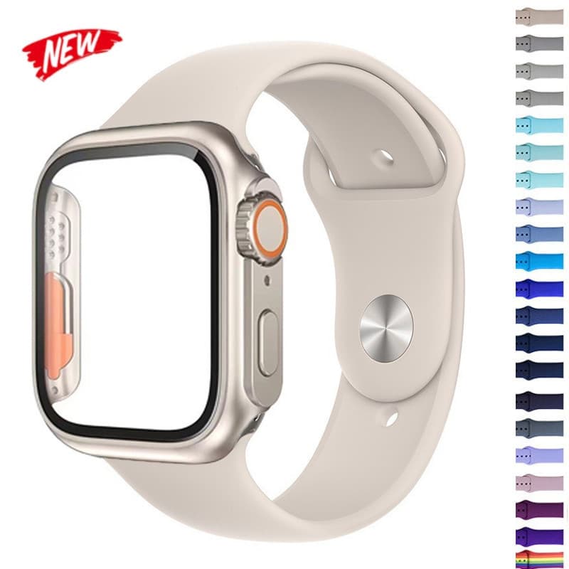 สายซิลิโคนพร้อมเคสกระจกสําหรับ iWatch Series 9 8 7 6 45/41/44 มม.40 มม.ป้องกันหน้าจอวงดนตรีสําหรับ iWatch SE…