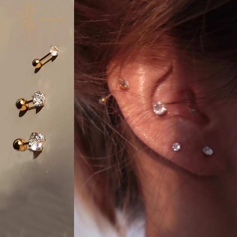 Roselife 1PC Unisex Classic Gold Ball คริสตัล Pierced สกรูต่างหูผู้หญิงผู้ชาย Hypoallergenic Ear Studs…