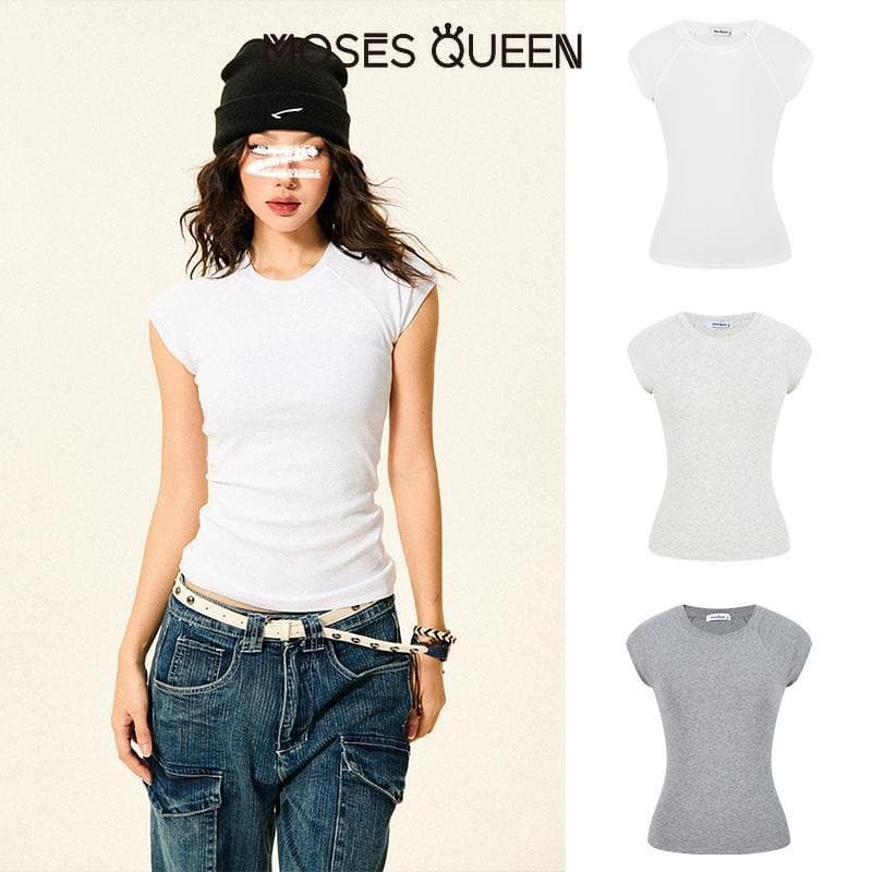 < MOSESQUEEN > อเมริกันย้อนยุคสีทึบเสื้อยืดแขนสั้นบางหญิงฤดูร้อนสาวร้อนสลิมแขนบินขนาดเล็กสั้นด้านบน #62847