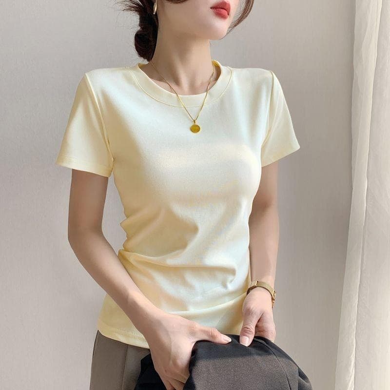 เสื้อยืดแขนสั้น สําหรับผู้หญิง ทําจากผ้าฝ้าย เหมาะสําหรับฤดูร้อน มาใหม่ คอกลม ทรงสลิมฟิต ท็อปส์ซู