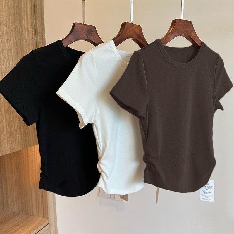 ฤดูร้อนแขนสั้นหญิงอ้วนบน ผอมเพียว เสื้อผ้าแฟชั่นเกาหลีราคาถูก จีบข้าง เสื้อยืดรัดรูปสวยๆผู้หญิง…