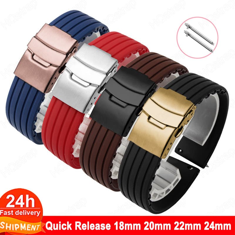 สายนาฬิกาข้อมือซิลิโคน 18/20 มม. 22 มม. 24 มม. สีดํา ทอง กันน้ํา แบบเปลี่ยน สําหรับผู้ชายและผู้หญิง