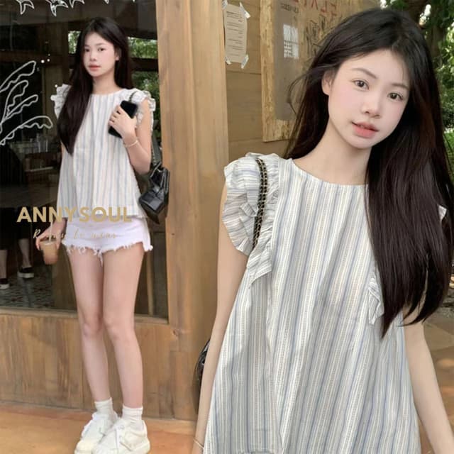 เสื้อแขนกุดแต่งระบาย ลายทาง คอกลม สไตล์มินิมอล