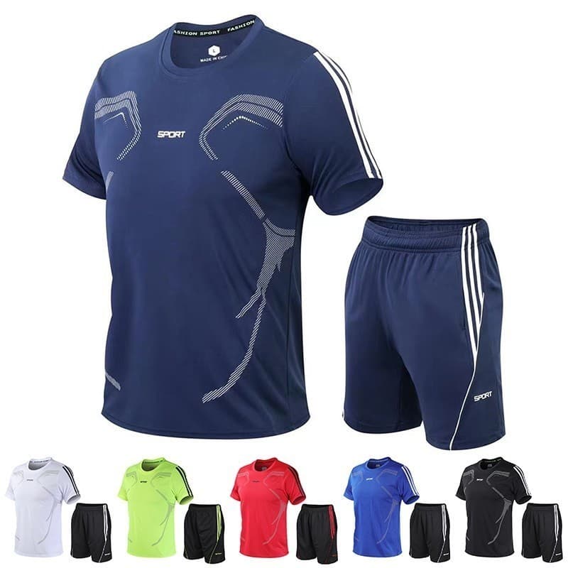 2 ชิ้น / ชุดเสื้อยืดกีฬาผู้ชาย + กางเกงขาสั้นออกกําลังกาย, ชุดกีฬาแห้งเร็ว, ชุดทูพีซ, ชุดวิ่ง เสื้อผ้าฟุตบอล