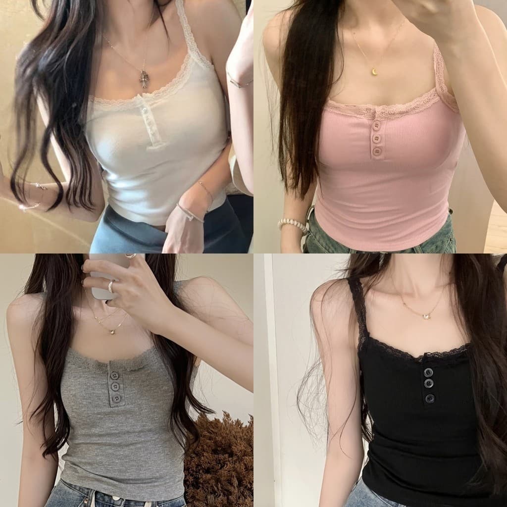 🌸Evelyn🌸เสื้อสายเดี่ยว ลูกไม้ มีฟองน้ํา เข้ารูป ครอปกล้าม ผ้านิ่ม🍓ชุดไปทะเล น่ารักและเซ็กซี่🍓#OJ0111