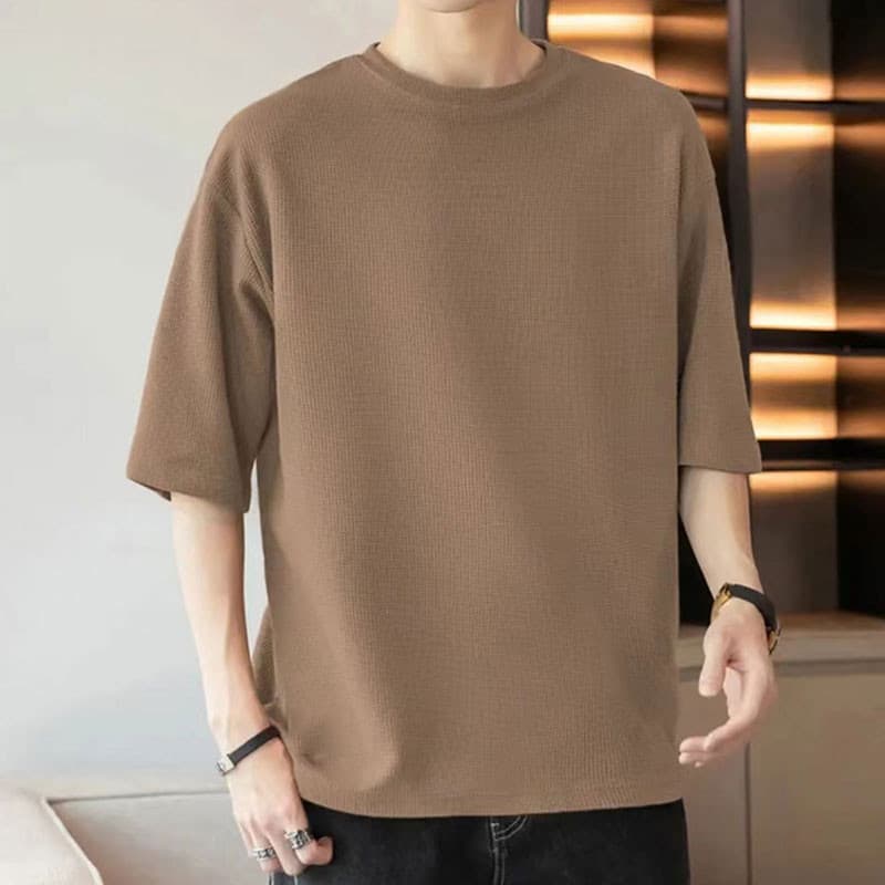 เสื้อยืดผู้ชาย แขนสั้น คอกลม โอเวอร์ไซส์ ทรงหลวม ผ้าวาฟเฟิล สไตล์เกาหลี ลําลอง ใส่สบาย ฤดูร้อน