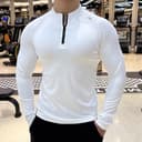 MANSTR ฤดูร้อนใหม่ผู้ชายสบายๆบางครึ่งซิปกีฬาเสื้อยืดสลิมฟิตวิ่งการฝึกอบรมฟุตบอลด้านบนแขนยาว ที