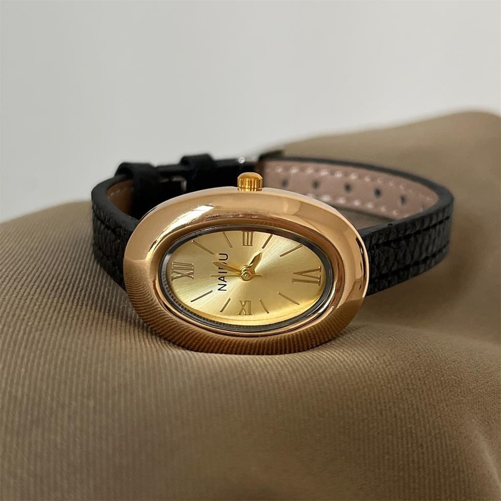 นาฬิกา Gold Oval สําหรับผู้หญิง - นาฬิกา Vintage Luxe Petite พร้อมสายหนังเทียม