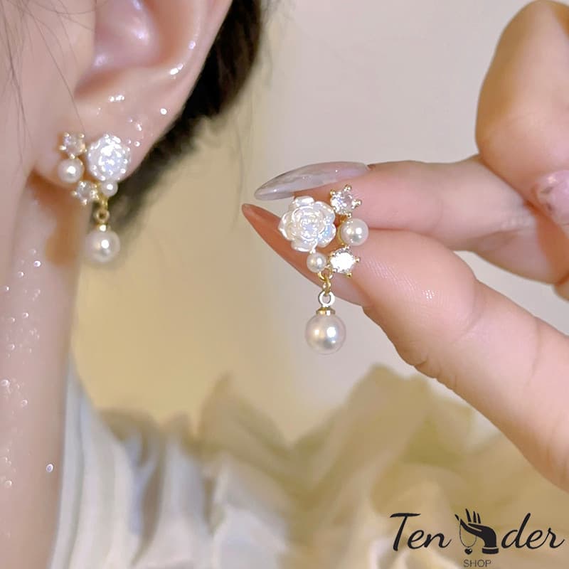 COD-ส่งเร็วจากไทย🎀Camellia Pearl ต่างหู Rhinestone ฝรั่งเศส ระดับไฮเอนด์ เครื่องประดับแฟชั่น…