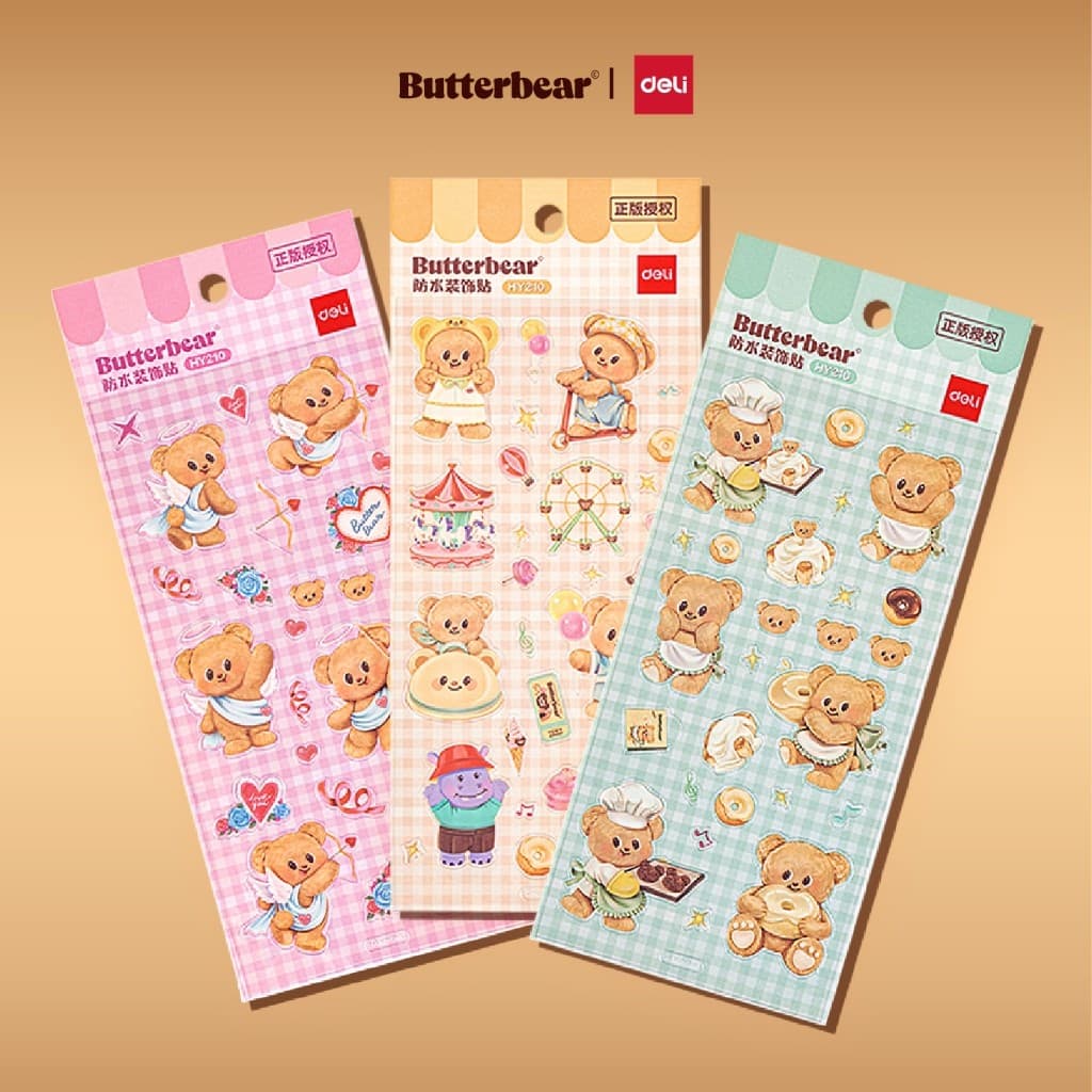 (Butterbear x Deli) สติกเกอร์ สติกเกอร์กันน้ํา สติกเกอร์หมีเนย บัตเตอร์แบร์ (คละสี/ลาย 3 สี)