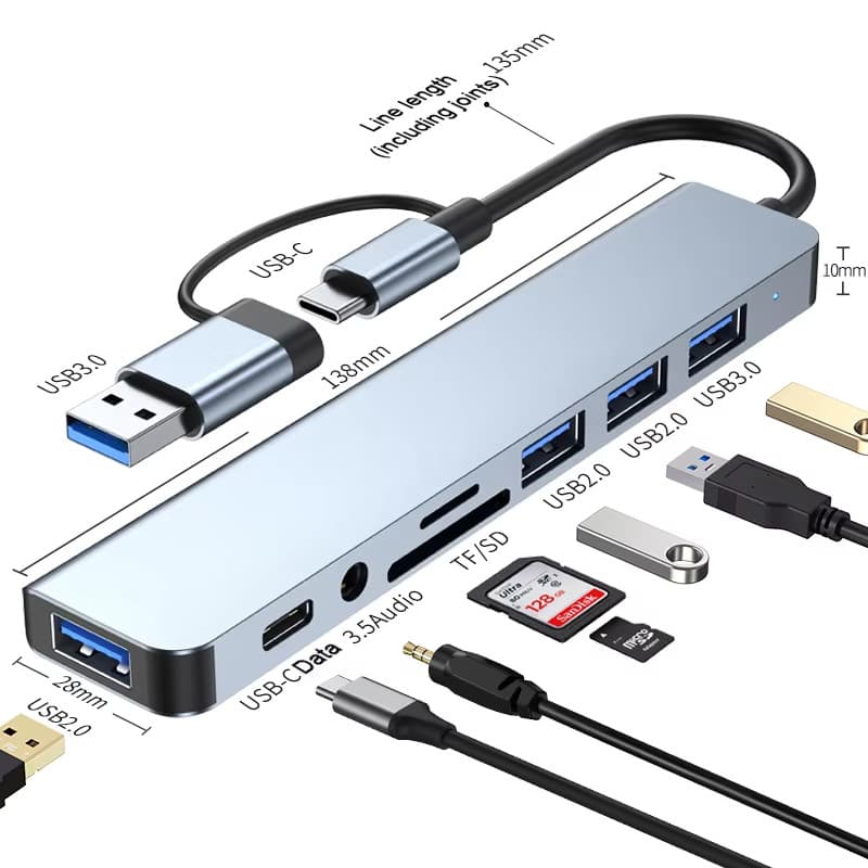 8 in 2 USB hubs Multiport Dock รองรับ TF/PD อ่าน USB 3.5 มม. Audio TYPE C Multi-Port รองรับคอมพิวเตอร์ช่อง…
