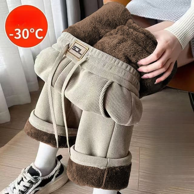 กางเกงขากว้างผ้าลูกฟูกผู้หญิงบุขนกํามะหยี่หนา Chenille เนื้อแกะรุ่นหลวมเหมาะสําหรับสาวอ้วน