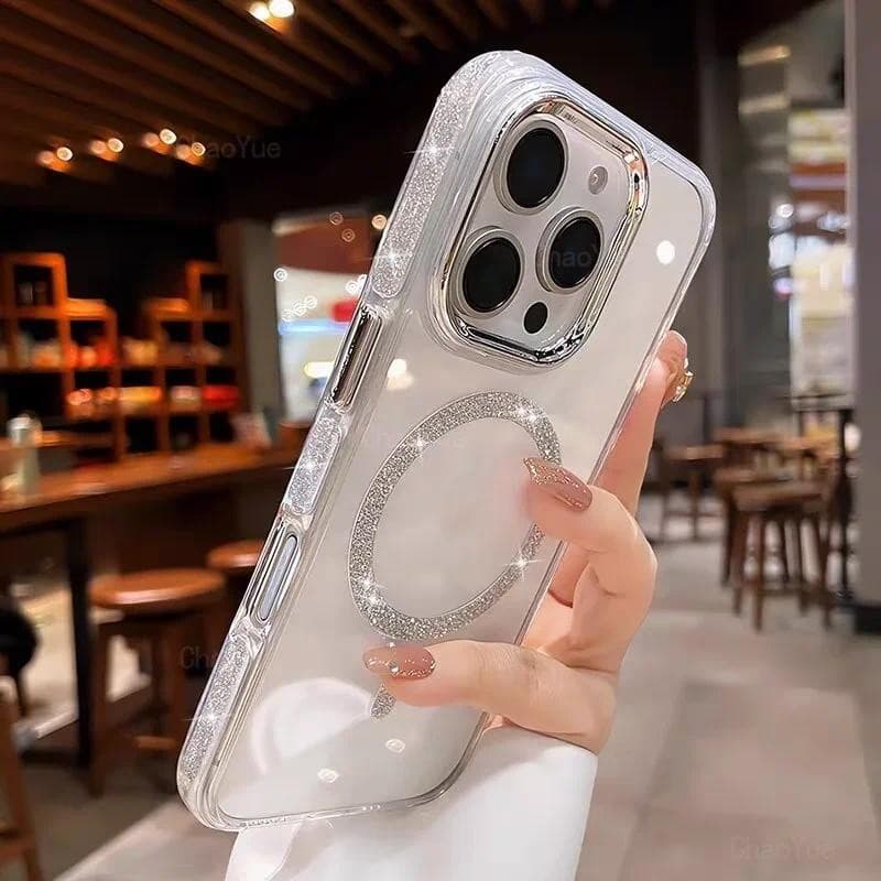 คริสตัลหรูหราโปร่งใสGlitterแม่เหล็กชาร์จไร้สายเคสโทรศัพท์เข้ากันได้สําหรับiPhone 18 17 16 15 14 13 12 11 Pro…