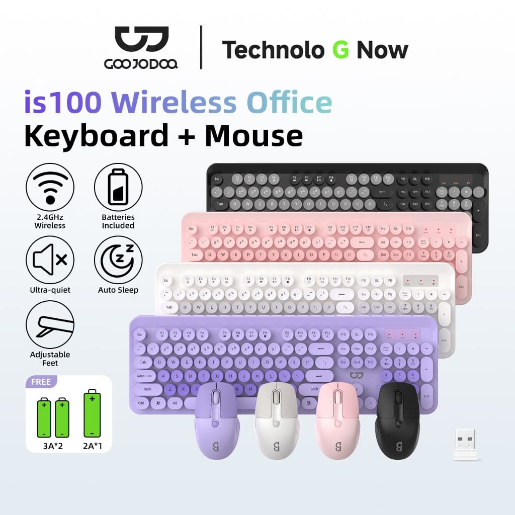 GOOJODOQ Wireless keyboard and Mouse Set Silent Circular Keycaps Three-level DPI Mouse 12 Multimedia Hotkeys