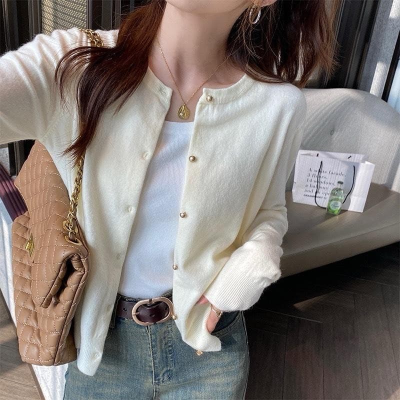 Dahong❤ 88010 ฤดูใบไม้ร่วงใหม่สไตล์ถัก เสื้อคลุมคาร์ดิแกนทรงคอกลมแต่งกระดุมทอง มี 8 สี