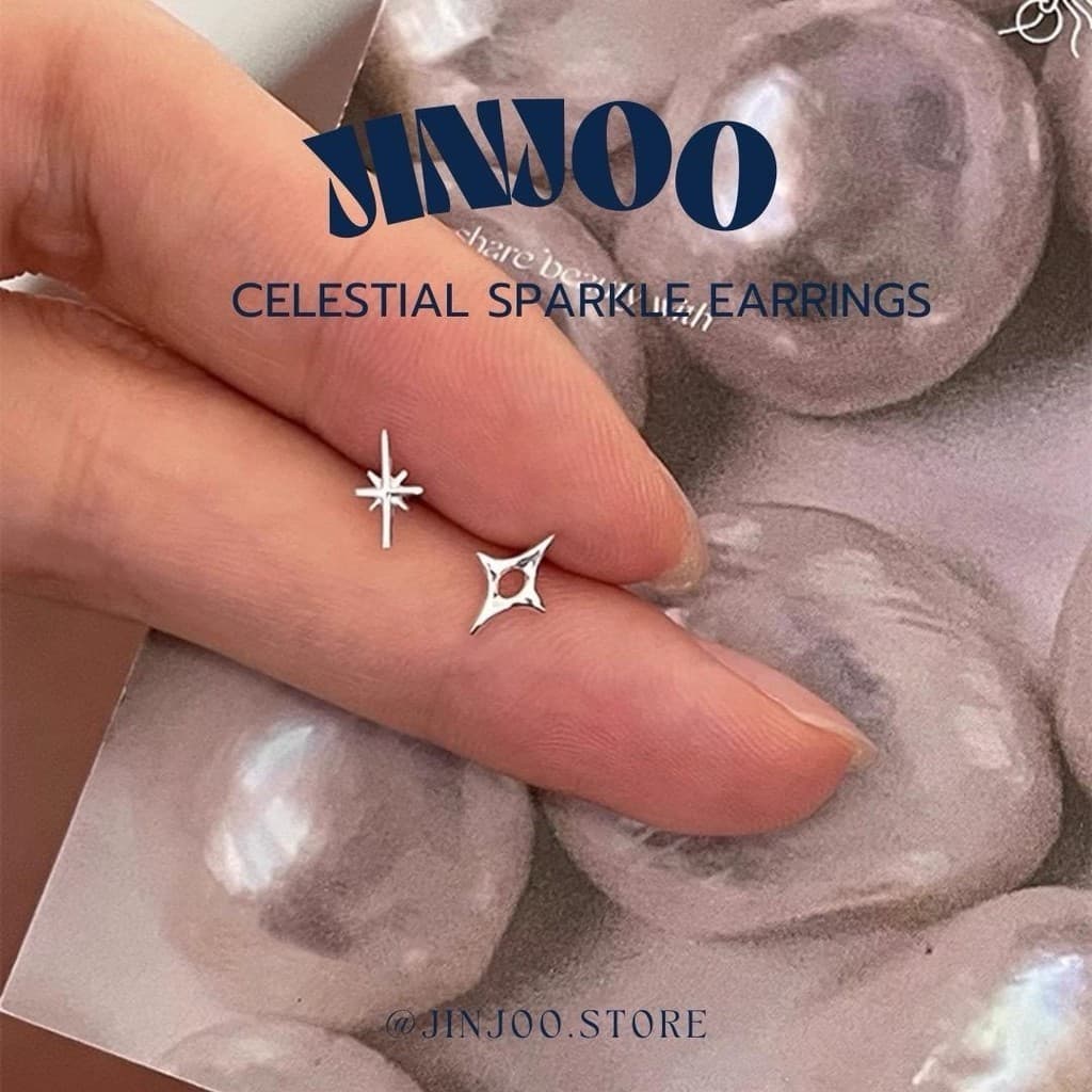 Jinjoo-S925-ต่างหูดาว รุ่น Celestial Sparkle น่ารัก ฝใส่ไปโรงเรียนได้ (แป้นทับเงินแท้925+จุกยาง) รหัส A35