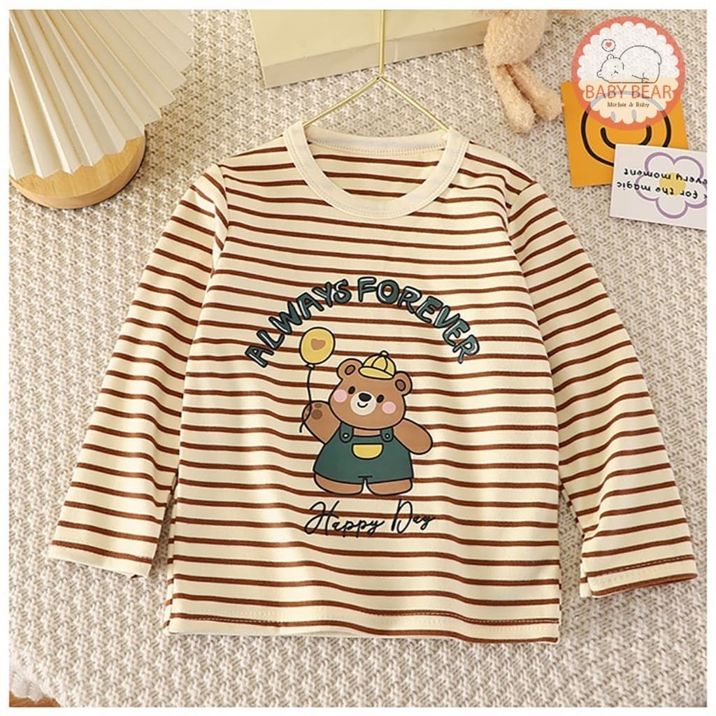 เสื้อแขนยาวเด็ก เสื้อยืดลายทางน้องหมี ใส่ได้ทั้งเด็กผู้หญิงและผู้ชาย แฟชั่นฤดูใบไม้ผลิ