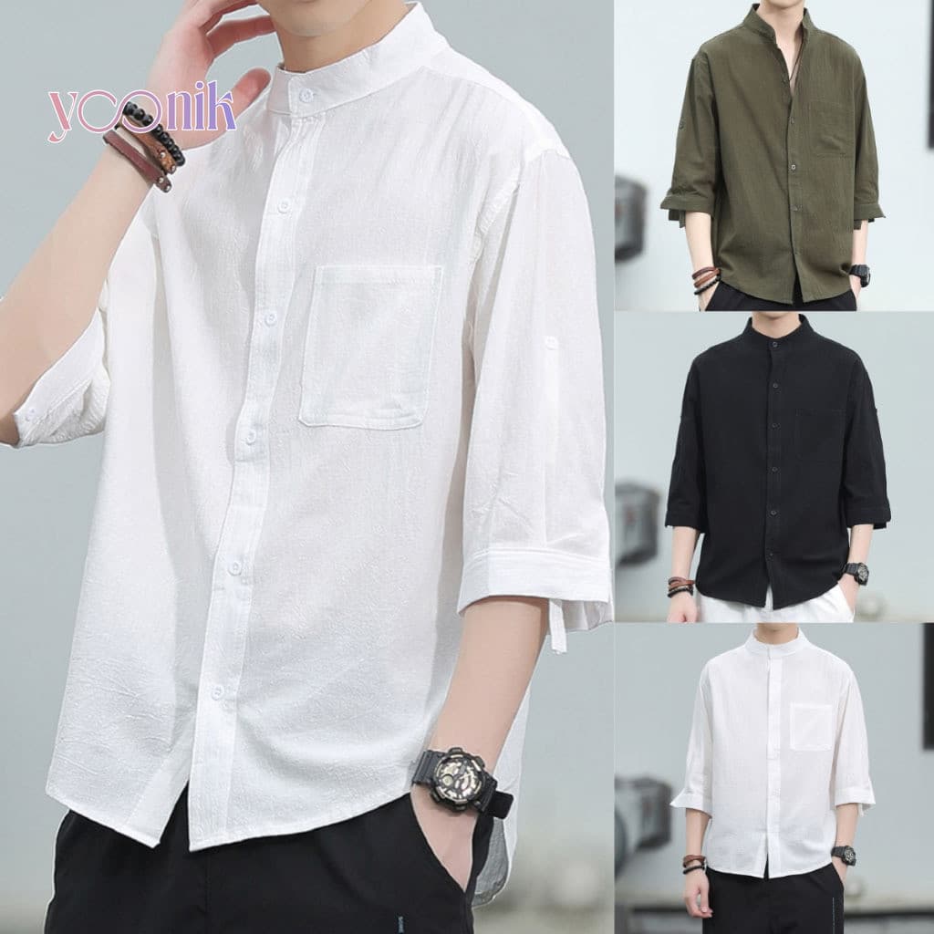 Yoonik เสื้อเชิ้ตผู้ชาย ทรงหลวม ใส่สบาย เสื้อคอจีน เเขน 3ส่วน ใส่แล้วไม่ร้อน