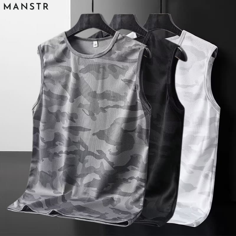 MANSTR M-5xl ผู้ชายฤดูร้อนตาข่ายพรางแห้งเร็วหลวมกีฬาเสื้อยืดแขนกุดผ้าไหมน้ําแข็งเย็นแขนสั้นสบายๆ Dri-Fit…