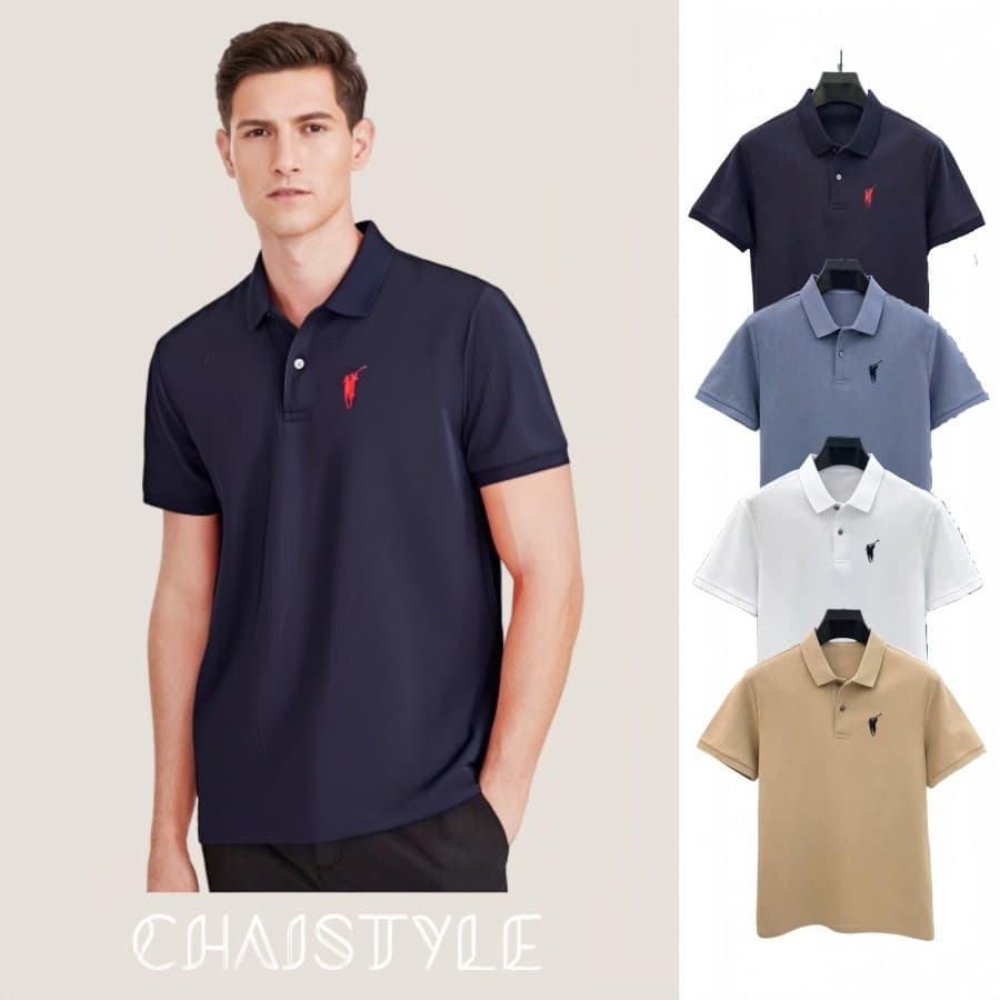 Chaistyle เสื้อโปโลแขนสั้นผู้ชาย วินเทจ ทรงหลวม คอพับแขนสั้นสีทึบ แมทช์ง่าย ผ้าระบายอากาศ ความสะดวกสบาย…