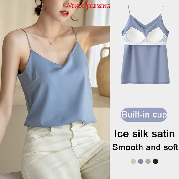 ( Ready Stock ) S-XXL สายเดี่ยว คอวี ไหมน้ําแข็ง มีบราในตัว ไม่ต้องใส่บรา ไม่ต้องติดซิลโคน สะดวกสบายขึ้น 2 in…
