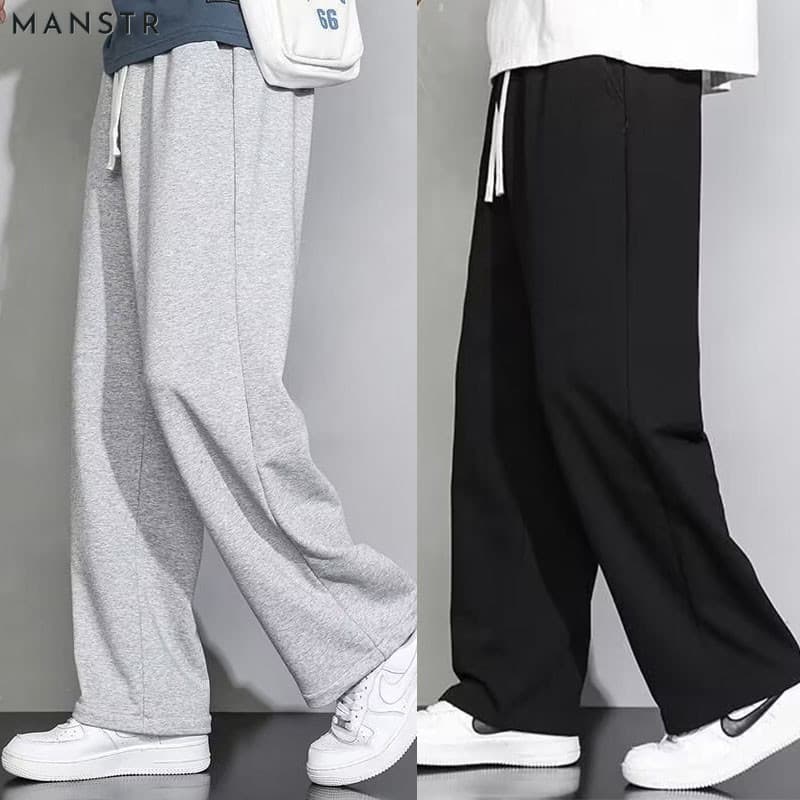 MANSTR M-5XL ผู้ชายผ้าไหมน้ําแข็งหลวมสบายๆขากว้าง Sweatpants ขากว้างสีทึบ กางเกงขายาวผ้ายืดมีเชือก Loose…
