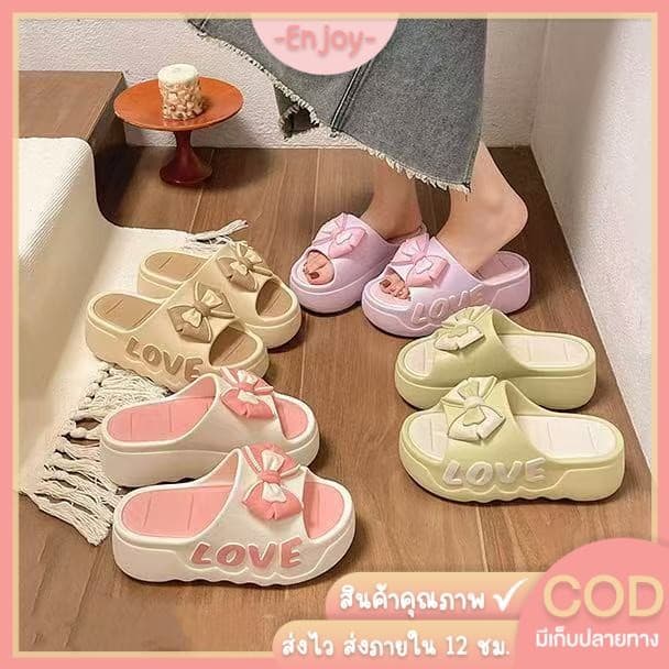 🍓EnJoy🍓พร้อมส่ง (LT-6829/LT-6829-1) รองเท้าแตะแบบสวม ดีเทลโบว์น่ารัก สีพาสเทล พื้นหนา…