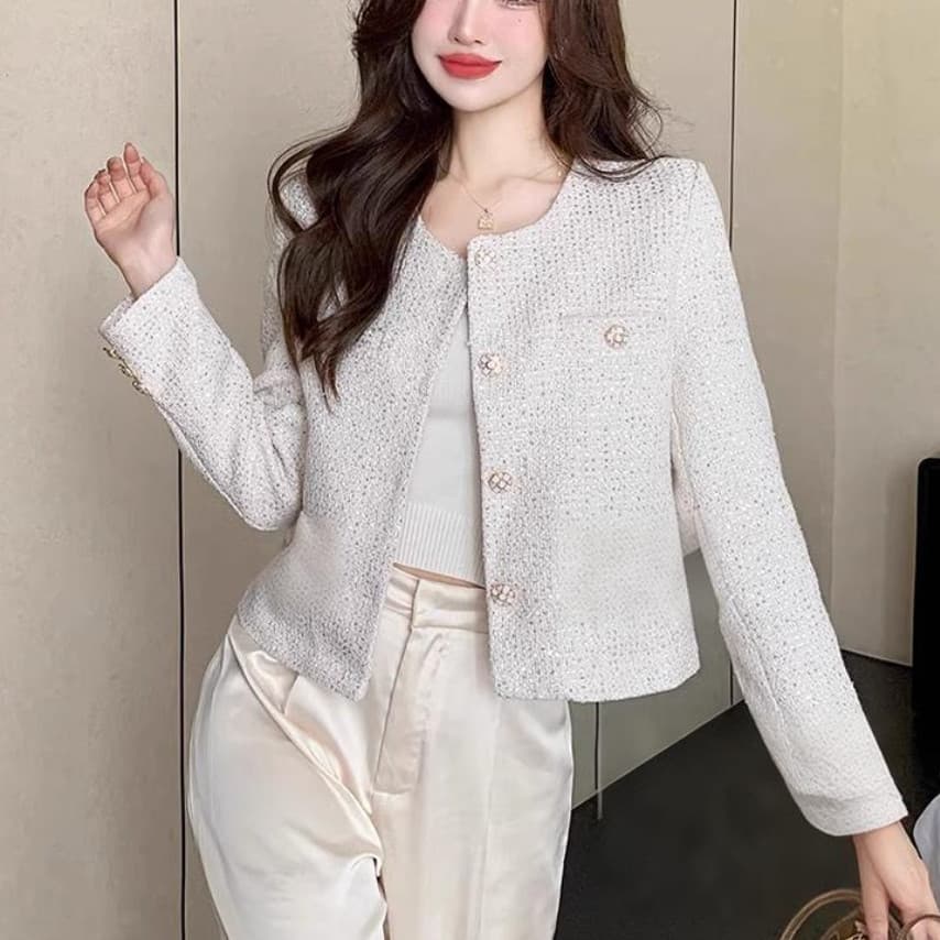 อ๊อฟ ขาว Blazer เสื้อทวิต ผู้หญิง สไตล์คุณหนู มีซับในตัว เสื้อคลุม งานสวยหรูหรา กระดุมผ่ากลาง แขนยาว