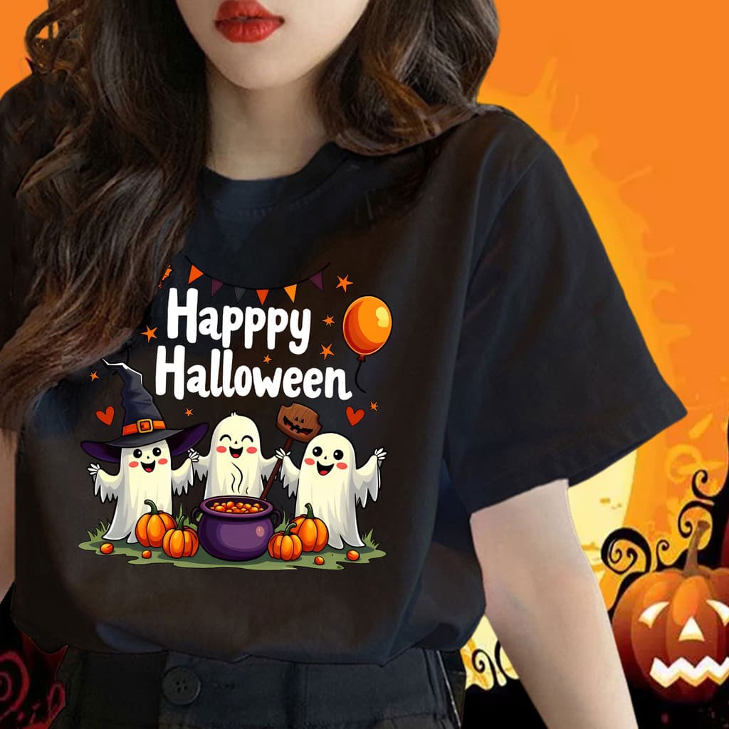 เสื้อฮาโลวีน Happy Halloween T-Shirt พิมพ์ด้วย ฟักทอง ลวดลาย ผี เสื้อยืดฮาโลวีน ชุดฮาโลวีน ผ้าCotton 100%