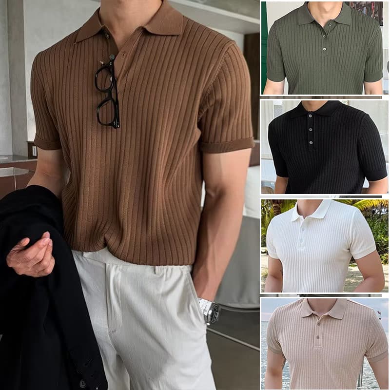 BM เสื้อโปโล คอปก แขนสั้น ติดกระดุม เข้ารูป ระบายอากาศได้ดี ลําลอง สไตล์เรียบง่าย สําหรับผู้ชาย ลายขวาง…