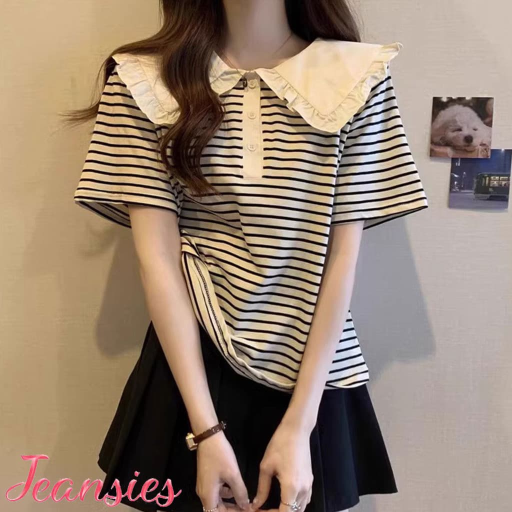 เสื้อยืดแขนสั้นคอปีกลายทาง สวมใส่สบายสําหรับฤดูร้อน