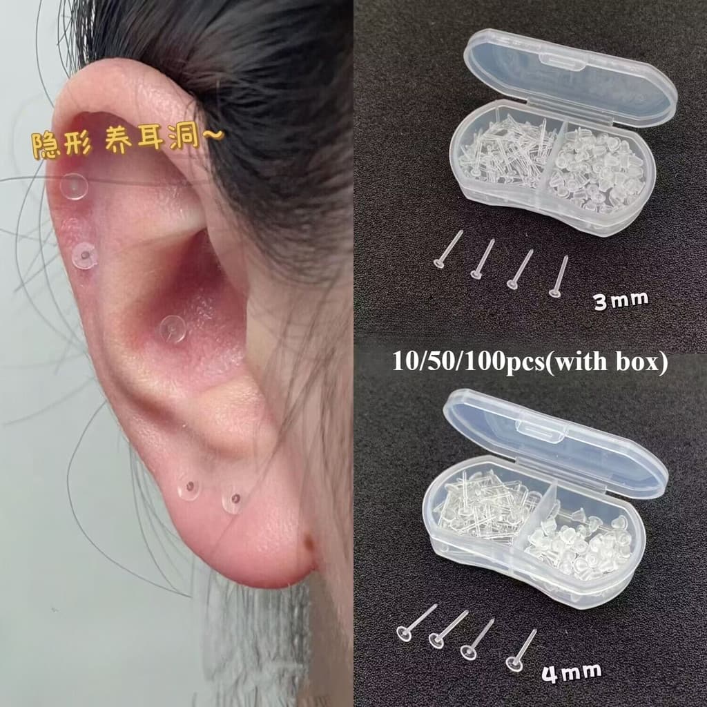 10/50/100 ชิ้นโปร่งใสที่มองไม่เห็นหูติดเพื่อเพิ่มเจาะหู Anti-blocking Stud หูกระดูก (พร้อมกล่อง) รูปที่ 1
