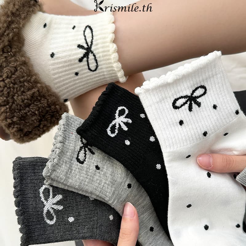 Girlybra ถุงเท้า กันลื่น ลายโบว์ มี4สี แบบสวม กันลื่น ผ้าฝ้าย ใส่สบาย ระบายอากาศ ถุงเท้า ผู้หญิง
