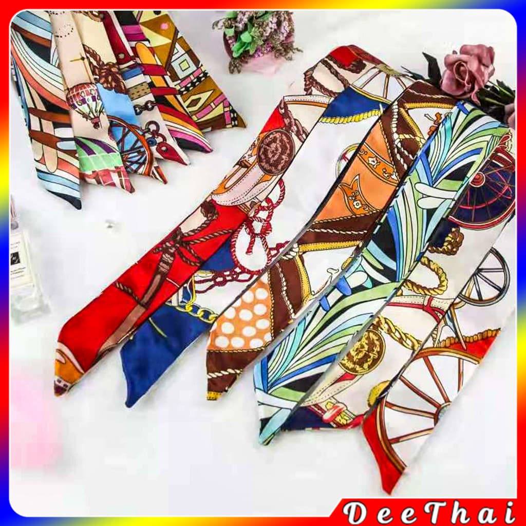 DeeThai ริบบิ้นผูกกระเป๋า พิมพ์ลาย ขนาดเล็ก สําหรับผู้หญิง ขนาด 85x4 ซม. ผ้าพันคอแฟชั่น Silk scarf