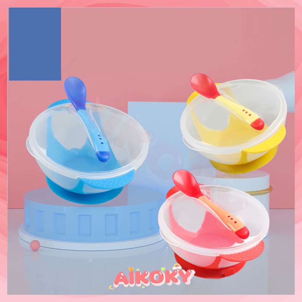 AIKOKY ชามซิลิโคน ชามสําหรับเด็ก จานชามเด็ก (BPA FREE)-ชามข้าวเด็ก ชุดอาหาร มีช้อนและฝาปิด