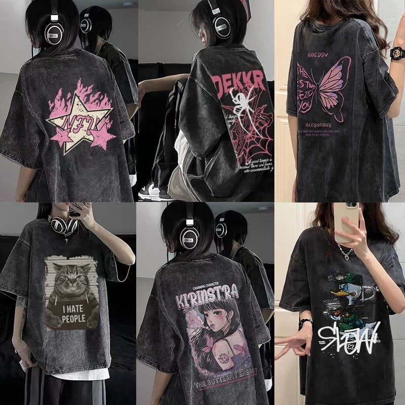 (COD จัดส่งภายใน 12 ชั่วโมง) BOOM เสื้อยืดฟอก oversize วินเทจละแฟชั่นพิมพ์ลาย สไตส์อเมริกา