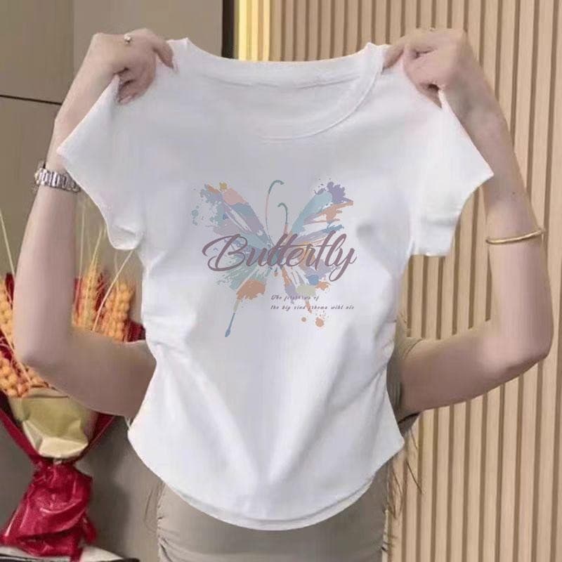 เสื้อยืดครอป แขนสั้น เวอร์ชั่นเกาหลีของกระแสน้ําแน่นเข้ารูปพอดีสั้นเอวสูงบางผู้หญิงด้านบนเสื้อครอปเอวลอยรัดรูป…
