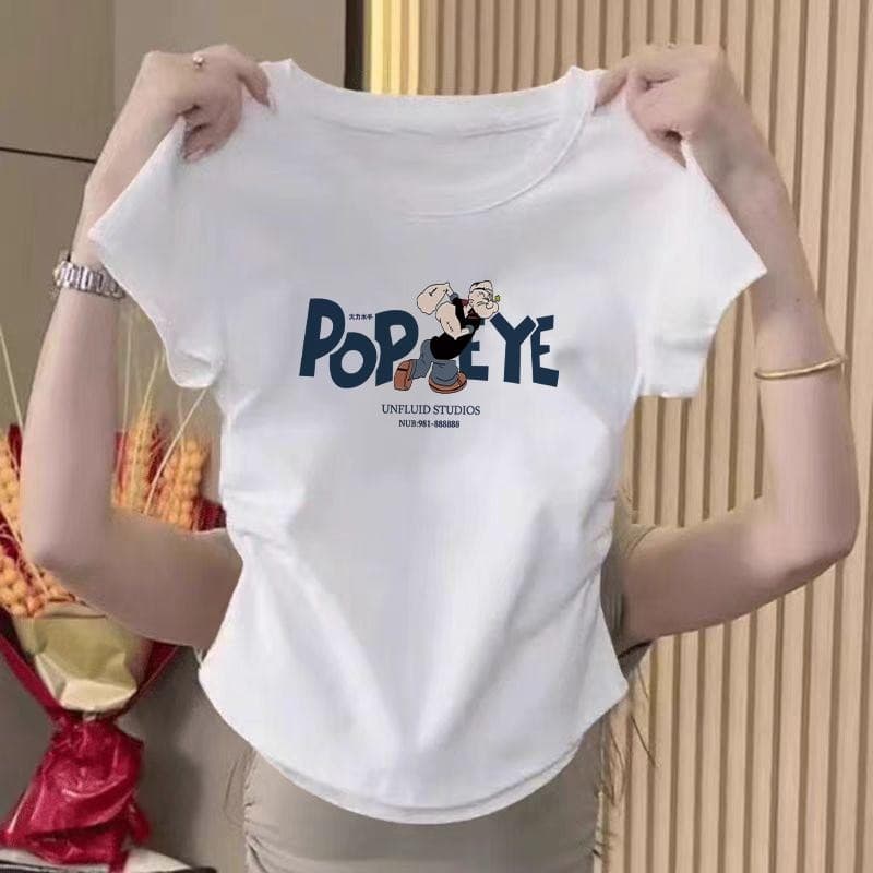 เสื้อรัดรูปเสื้อครอปฤดูร้อนอเนกประสงค์บางบางลวดลายการ์ตูนการพิมพ์จดหมายเสื้อสีขาวชุดตรุษจีนหญิง…