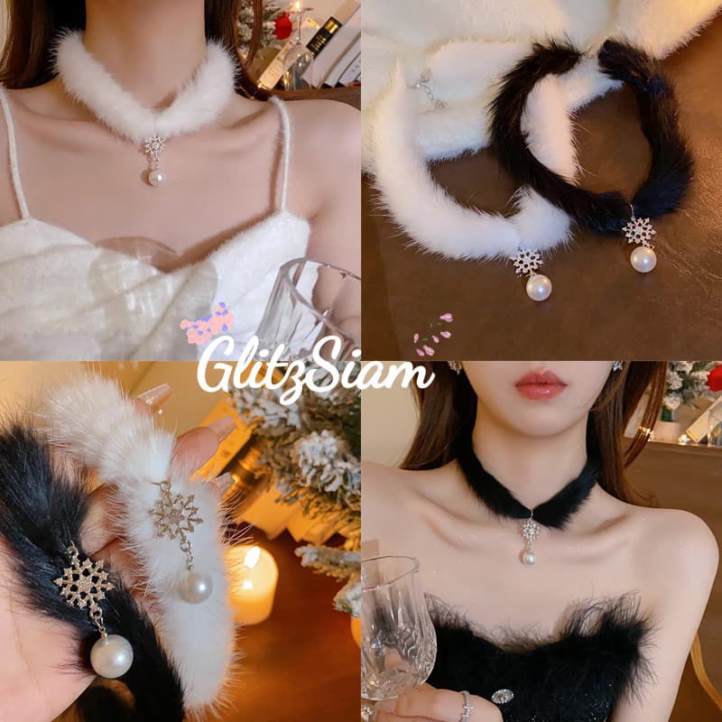 GlitzSiam ปลอกคอขนฟูใหม่❄️ สร้อยคอไข่มุกเกล็ดหิมะสําหรับผู้หญิง☁️ ขาวดํา การประดับมุก จัดส่งจากประเทศไทย.