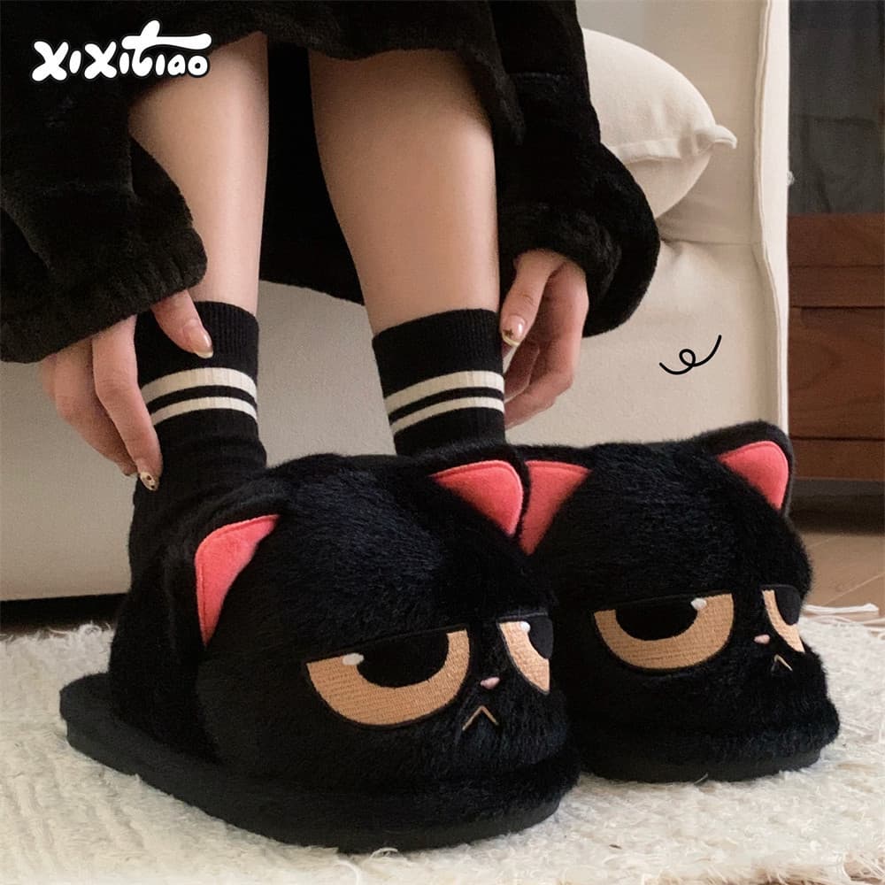 Xitiao Angry Little Black Cat รองเท้าแตะผ้าฝ้ายผู้ชายผู้หญิงคู่น่ารักการ์ตูนให้ความอบอุ่น