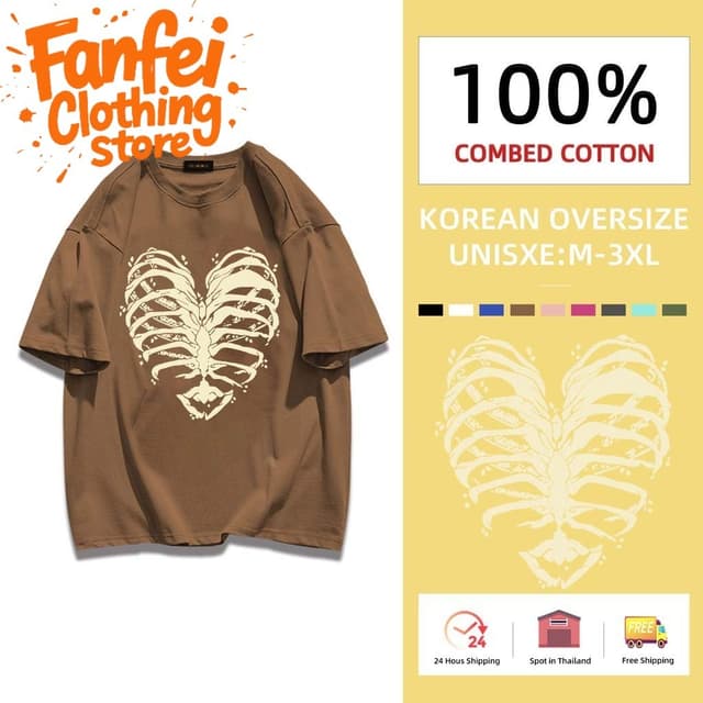 (จัดส่งตลอด 24 ชั่วโมง)Fanfei เสื้อยืดสไตล์สตรีทสําหรับผู้ชาย ลายโครงกระดูกหัวใจ มีรูปแบบแปลกใหม่ COD